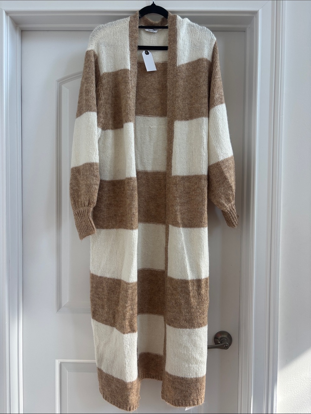 Miss Selfridge Cream and Tan Striped Long Open Cardigan NWT